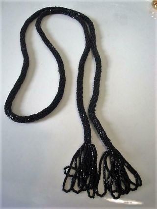 Vintage Antique Crochet Bead Flapper Lariat Tassel Necklace Black Glass Beads