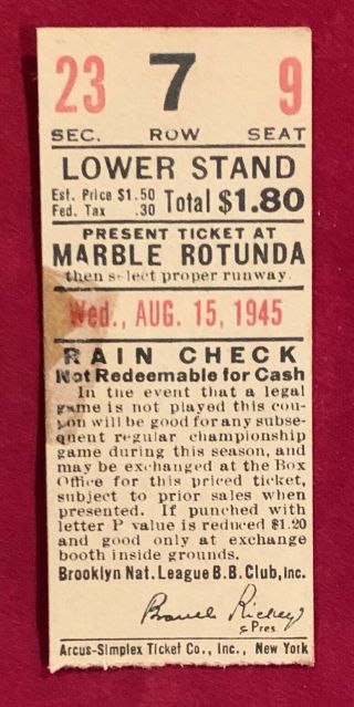 1945 Brooklyn Dodgers Vs Chicago Cubs Baseball Ticket Antique Vintage Old 1940