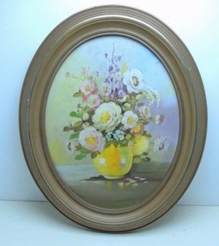 Vintage Framed Oval Still Life Flowers Hand Painted Art Goshen Fiedeke 