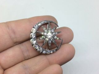 Fantastic Antique Victorian Large Sterling Silver Paste Moon Star Brooch Pin