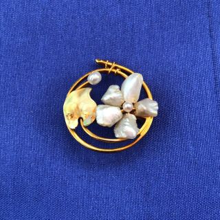 Vintage Antique 10k Gold 1 " Circle Pearl Flower Mother Of Pearl Pin Spring Clasp