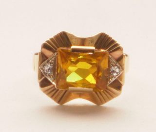Stunning Antique Art Deco Large Set Deep Yellow Emerald Cut Citrine Gold Ring