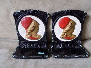 Antique Painted Cast Iron Minerva Goddess Of Wisdom Bookends Lady Bust Cameo Nr