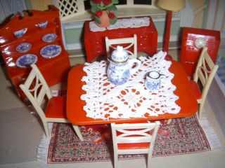 RENWAL RED DINING ROOM SET PLASTIC DOLLHOUSE FURNITURE MARX IDEAL 2