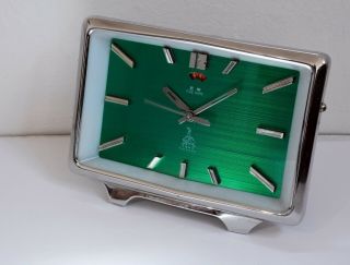 Vintage Five Rams Brand Metal & Glass Green Faced Wind - Up Alarm Clock -