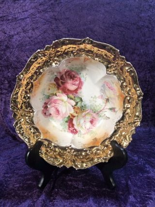Antique Hand Painted Bavaria Roses Serving Bowl With Gold Rim Germany