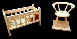 Vintage Painted Wooden Doll House Chair And Crib (germany W/ Homemade Bedding)