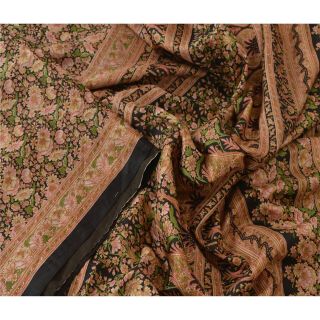 Sanskriti Vintage Black Saree 100 Pure Silk Printed Floral Fabric Sari Craft