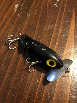 Vintage 3” Fishing Lure Fred Arbogast Jointed Jitterbug Black With Yellow Eyes