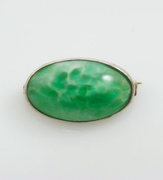 Antique Art Deco Jade Green Peking Glass Sterling Silver Small Brooch Pin