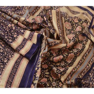 Sanskriti Vintage Blue Saree 100 Pure Silk Printed 5 Yard Sari Craft Fabric 2