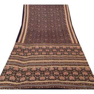 Sanskriti Vintage Blue Saree 100 Pure Silk Printed 5 Yard Sari Craft Fabric 3