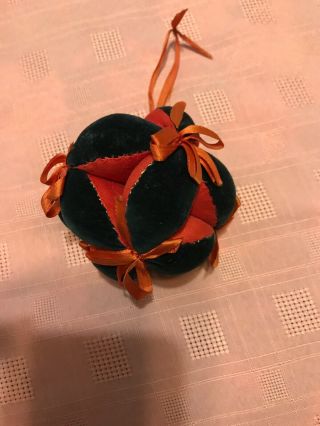 Antique Amish Puzzle Ball Pin Cushion Sewing 3 1/2 Inch,  Red Black Velvet Silk