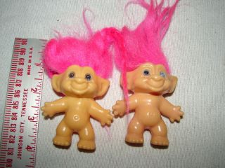 2 Vintage Troll Dolls Figures Bright Pink Hair 2 1/2 Inch Tall Body Dam? D.  A.  M.  ?