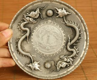 Antiques Old Miao Silver Handcarved Dragon Statue Coin Plate Collectible Gift