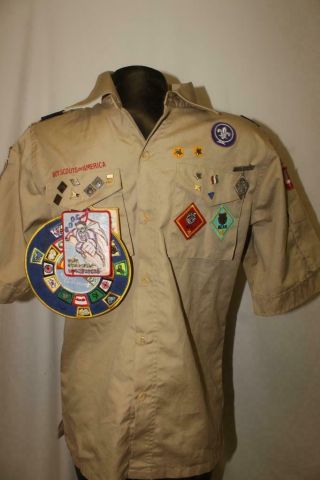 Bsa Boy Scouts Of America Youth Large Uniform Shirt Tan Tons Of Patches & Pins