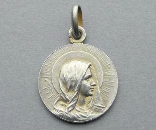 French,  Antique Religious Sterling Pendant.  Saint Virgin Mary,  Silver Medal.