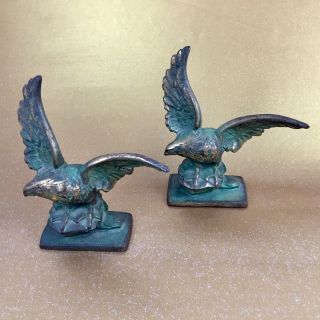 Antique Cast Iron Bronzed Eagle Bookends Rare Detailed Set