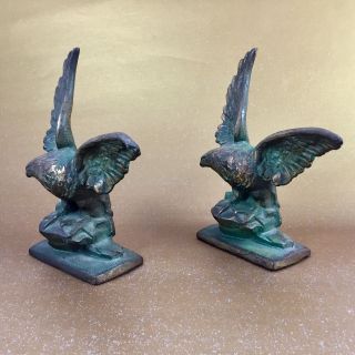 Antique Cast Iron Bronzed Eagle Bookends Rare Detailed Set 2
