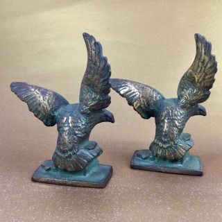 Antique Cast Iron Bronzed Eagle Bookends Rare Detailed Set 3
