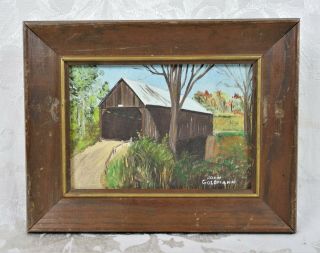 Vintage Mid Century Landscape Oil Painting Of Covered Bridge Landscape Signed