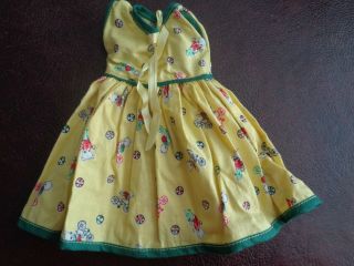 Vintage Doll Dress With Teddy Bear On Bicycle Print Dress Yellow 7 " Length