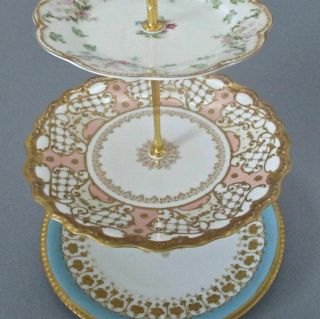 Antique Haviland Porcelain 3 - Tier Cake Cupcake Stand Schleiger 72 Gilt Paste,