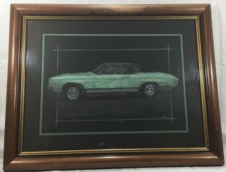 Vintage Chevy Malibu Muscle Car Print.  Signed 1993.  Framed And Matted Art