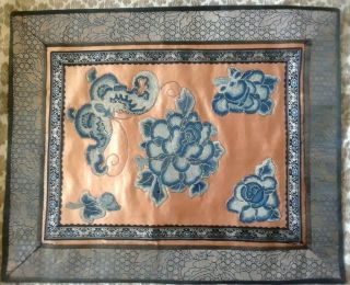 Vtg Chinese Fine Knotted Embroidered Silk Panel Blue Bat Butterfly Peony Flower