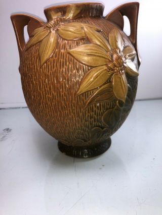 Antique 1944 Roseville Art Pottery Clematis Pattern 107 8 Handled Vase Yellow