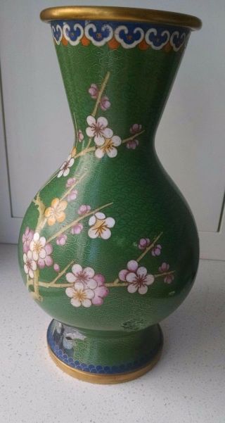 Large Vintage Chinese Cloisonne Green Enamel Vase 10.  3 " Tall