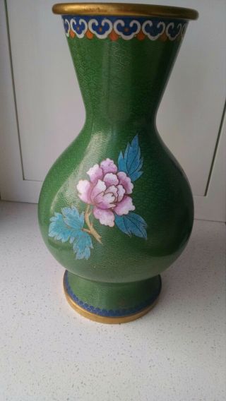 Large Vintage Chinese Cloisonne Green Enamel Vase 10.  3 