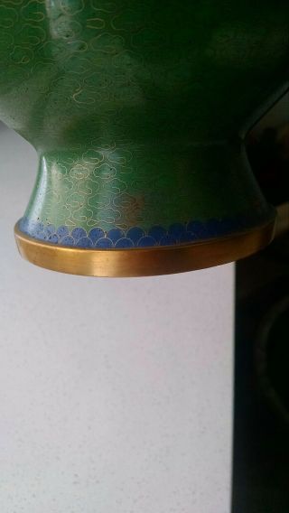 Large Vintage Chinese Cloisonne Green Enamel Vase 10.  3 
