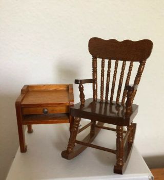 Vintage Doll House Miniature Rocking Chair & Side Table Brown Turned Arm Rests