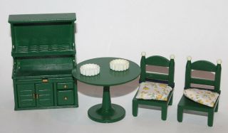 Vintage Epoch Sylvanian Families Green Table & Chairs & Cabinet