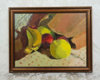 Vintage Mid Century Oil Painting Of Fruit Bowl Still Life Banana Apples