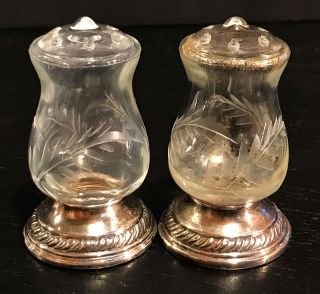 Set Of Sterling Silver.  925 Etched Glass Salt & Pepper Shakers By Quaker Silver