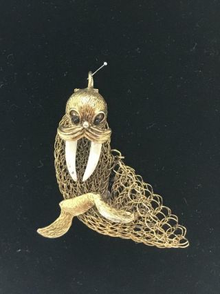 Vintage Antique - Gold - Tone Walrus Pendant Metal Netting Body Pre - Owned