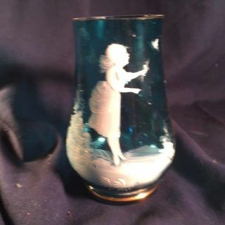 Victorian Mary Gregory Glass5 Inch Handled Stien In Teal Blue Girl & Butterfly