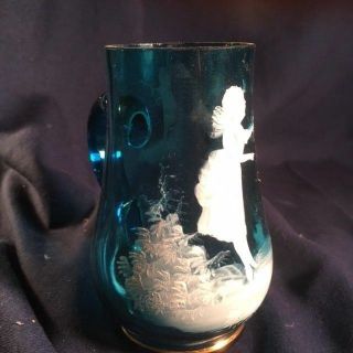 victorian mary gregory glass5 inch handled stien in teal blue girl & butterfly 2