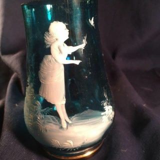victorian mary gregory glass5 inch handled stien in teal blue girl & butterfly 3