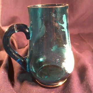 victorian mary gregory glass5 inch handled stien in teal blue girl & butterfly 5