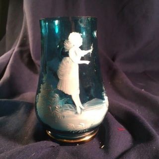 victorian mary gregory glass5 inch handled stien in teal blue girl & butterfly 7