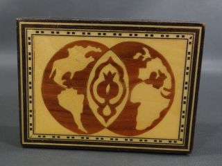 Antique World Map Marquetry Tunbridge Mosaic Wooden Cigarette / Jewelry Box Case