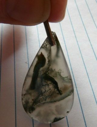 Vintage / Antique Moss Agate Sterling Silver Teardrop Shaped Pendant 2