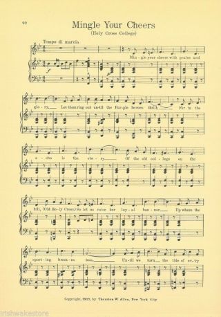College Of The Holy Cross Songs C1927 Mingle Your Cheers & Ring Out.  Hoiahs