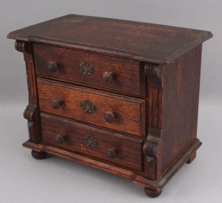 Antique Miniature circa - 1900 Bun Footed Oak 3 - Draw Dolls Chest of Drawers,  NR 3