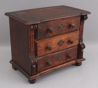 Antique Miniature circa - 1900 Bun Footed Oak 3 - Draw Dolls Chest of Drawers,  NR 4