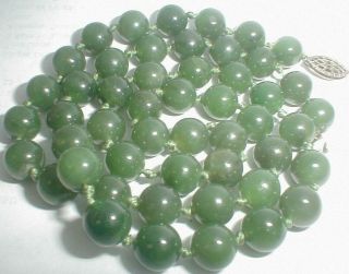 Vintage Fine Jade Spinach Green 7mm Hand Tied Bead Necklace 19 " See No Reserves