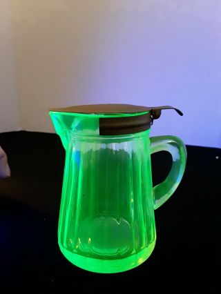 Antique Green Vaseline Glass Ribbed Syrup Pitcher With Tin Spring Lid